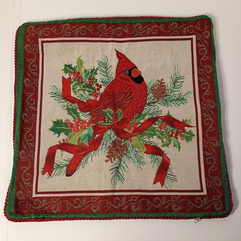 VTG Christmas Cardinal‎ With Poinsettias Tapestry Throw Pillow Cover Only 17"
